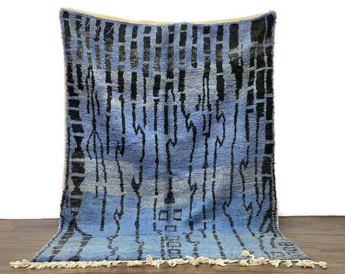Moroccan Rug Blue ,Soft Bujaad Rug Handmade Beni Ourain Rug, Abstract Wool Rug, Unique Moroccan Blue Carpet Cozy Berber Rug