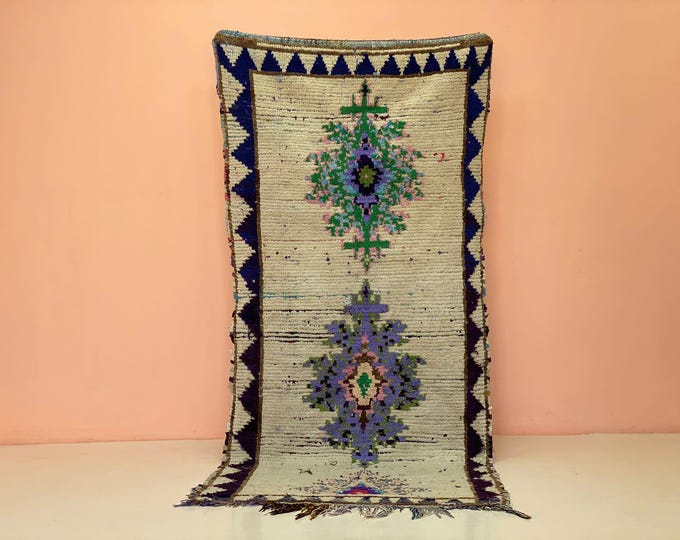 Moroccan Rug Vintage Handmade Boho Rug Berber Area Rug Blue Tribal Carpet Home Decor(3'7"x8'ft)