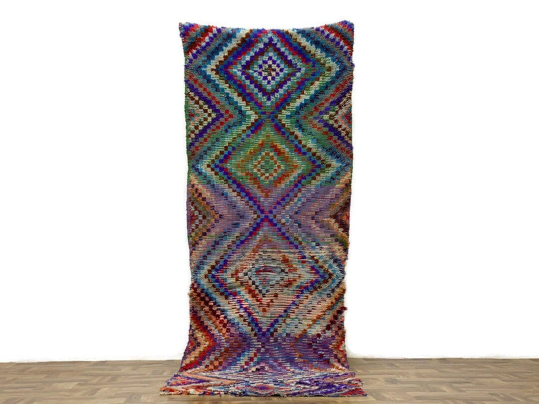 Checkered Rug Diamond Pattern Runnermoroccan Carpet Handamde (110x35 ...