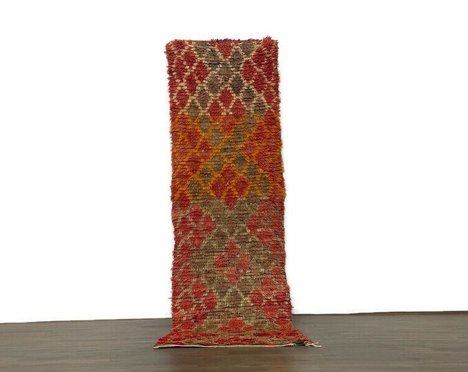 Oriental Vintage Runner Moroccan Checkered Rug  Handmade Rug, Red Rug Fuffy Shag Runner 2x8 ft