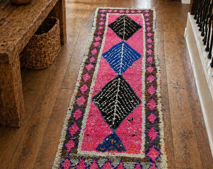 Handmade Pink Moroccan Berber Wool Rug, Boho Decor (2'5x8' ft) Authentic Berber Wool Rug
