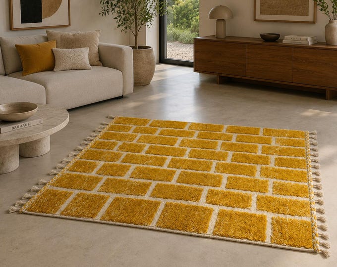 Custom Mustard Checkered Rug Neutral Handmade Checkerboard Rug Minimalist Modern Decor