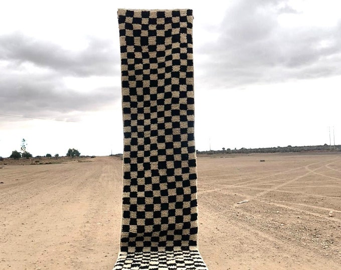 Authentic Checkred Rug Moroccan Hallway Berber Runner  Gorgeous Area " Wool " Stunning Carpet Checkerboard Rug  Black And White