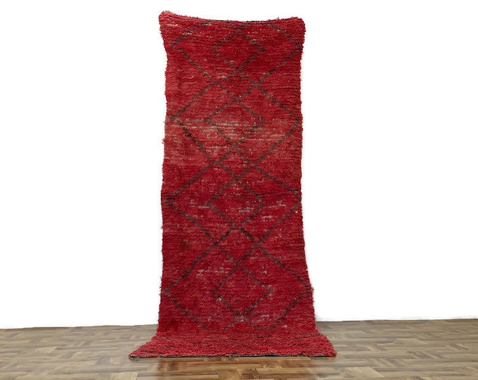 Vintage Runner,Handwoven Berber Wool Rug,Authentic Tribal Carpet,Beni Ourain Decor,Boho Wool Area Rug,Red Rug