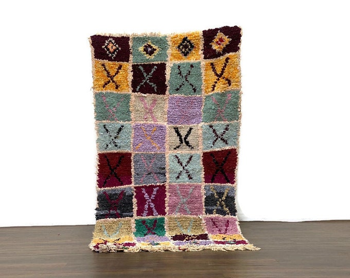 Boucherouite Rug Patchwork Carpet Handmade Shaggy Hallway Geometric Design (69x35 inch)
