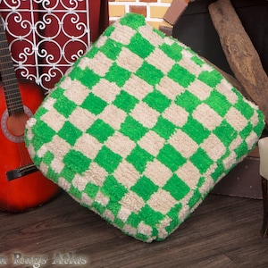 Checkred Moroccan Pouf Ottoman Pouffe Handmade Footstool Coffee Table Beanbag Footstool Pouf Pillow Handmade Green & White image 6