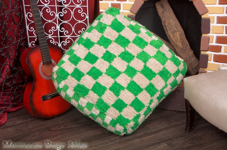 Checkred Moroccan Pouf Ottoman Pouffe Handmade Footstool Coffee Table Beanbag Footstool Pouf Pillow Handmade Green & White image 6