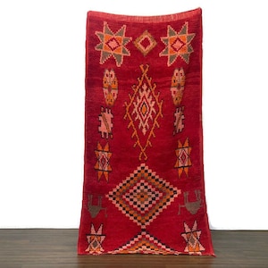 Vintage Moroccan Boujaad Rug 3x6 ft – Handmade Wool Runner – Boho Tribal Berber Carpet – Red Area Rug,Woolen Runner