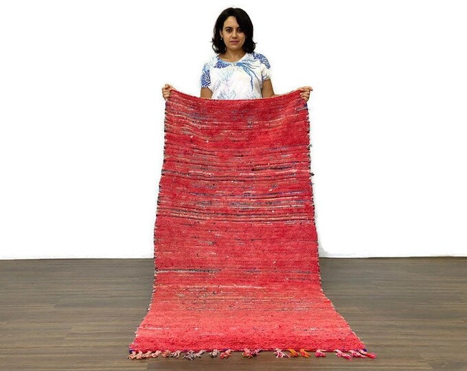 long Bujaad Wool Rug,Moroccan Runner Rug,Vintage Azilal Entryway Shag Rug,Red Carpet