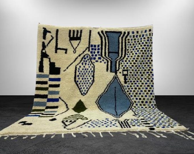 Vibrant Custom berber Wool Rug,Beni Ourain Area Rug,Blue White Carpet Moroccan Runner Rug Housewarmig Gifts