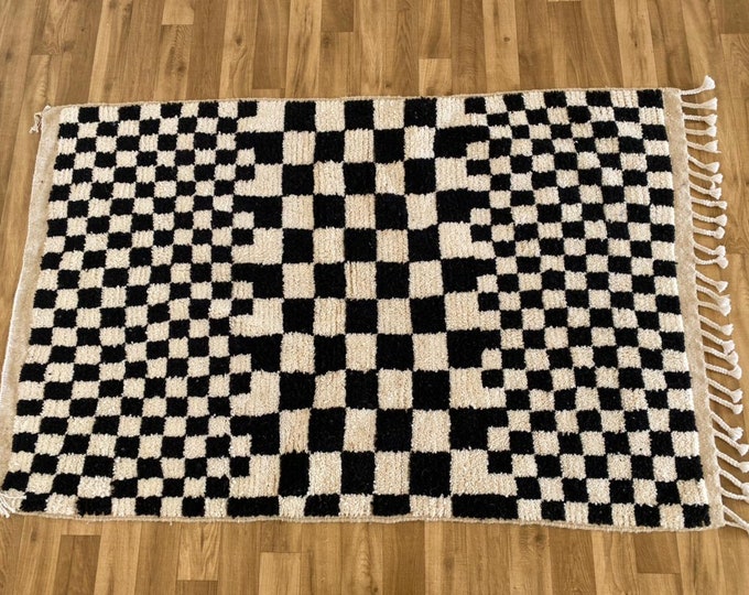 Lovely Checkred Rug Handmade Hallway  Teppich Area " Wool " Shaggy  Carpet Checkerboard Runner