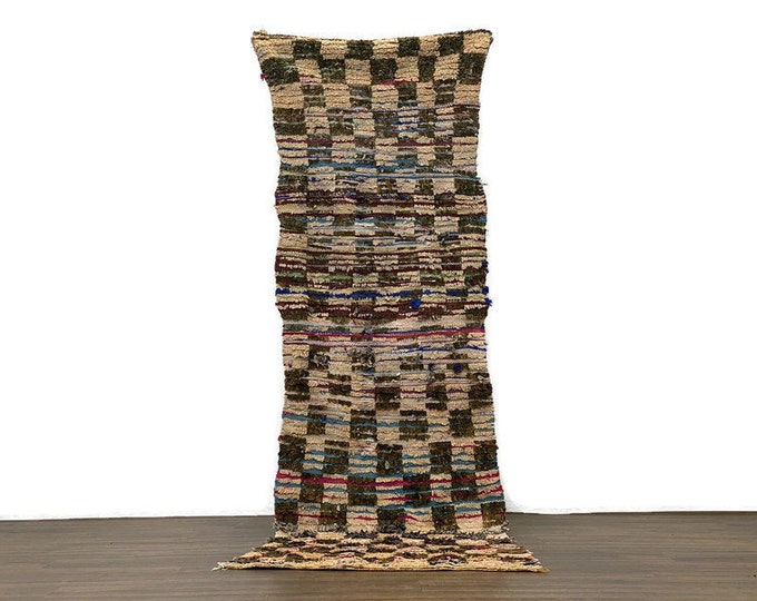 Checkered Hallway  Authentic Rug  9'FTx2.7'FT Checkboard Runner Berber Carpet  Boucherouite And Wool