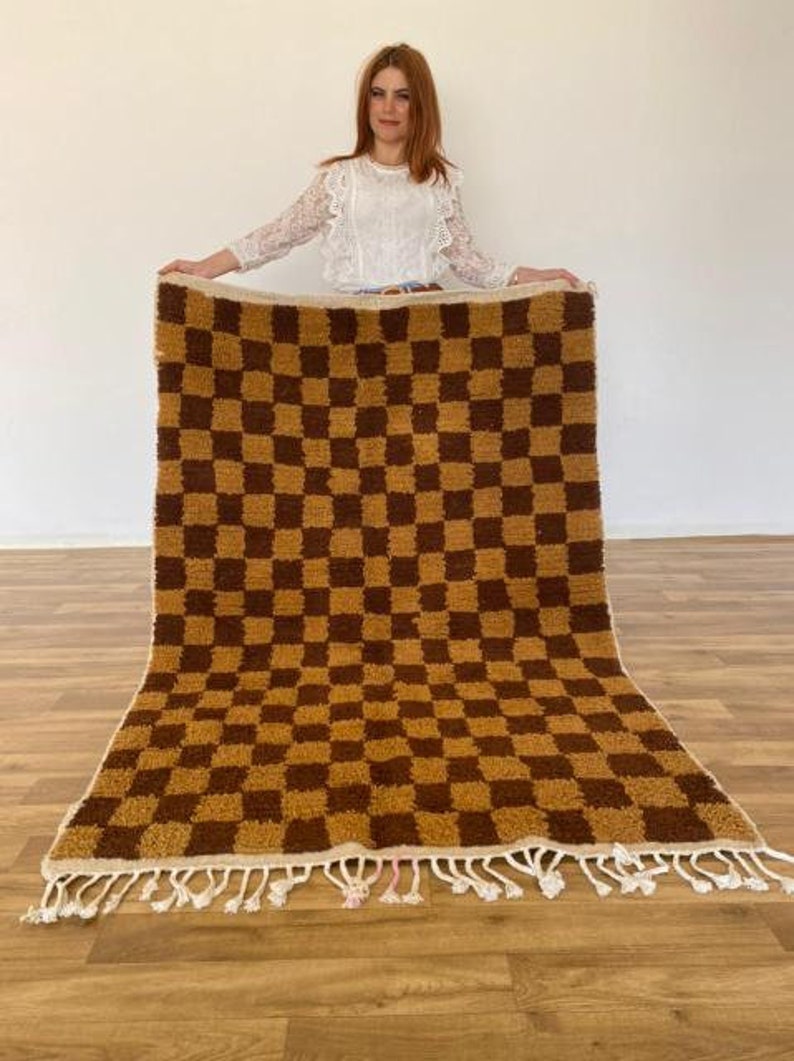 Handmade Moroccan Brown Checkerboard Rug: Wool Cotton Blend, Boho Area Carpet