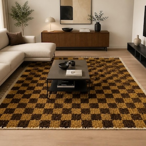 Handmade Moroccan Brown Checkerboard Rug: Wool Cotton Blend, Boho Area Carpet