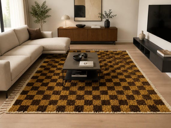 Handmade Checkered Rug Custom Size Checkerboard Carpet Modern Boho Area Rug Brown Rug