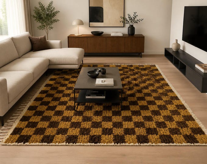 Handmade Checkered Rug Custom Size Checkerboard Carpet Modern Boho Area Rug Brown Rug