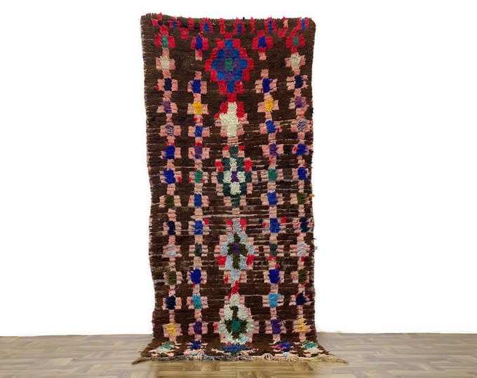 Moroccan Vintage Area Rug,3'x8' ft,Hand Knotted Berber Wool Carpet ,Tribal Boho Decor,Checkered Rug,Brown Rug