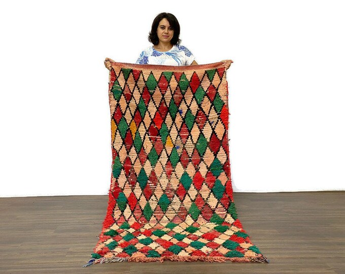 Colorful Moroccan Runner Rug,Electic Luxurious Fluffy Rug,Kilim Diamond Pattern Area Rug,3x7 ft