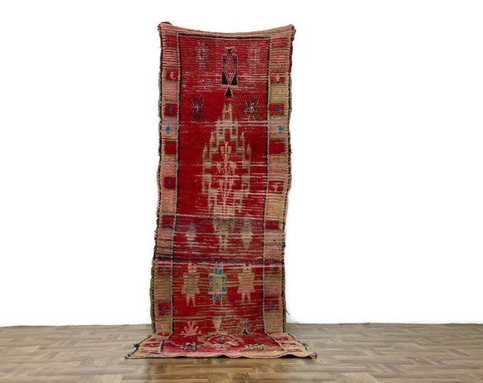Bohemian  Hallway ''berber  Rug '' Boucherouite And Wool "Vintage Carpet '' Tapis Marocain 9.4'X 2.7' Feet