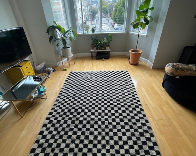 Moroccan Checkered Rug Berber Stair Runner  Teppich Area " Wool " Stunning Carpet Checkerboard Rug  Black And White
