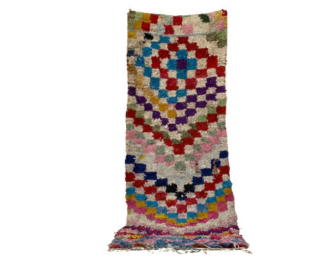 Vintage Check Runner Rug,Traditionnel DoorMat  Hand-knotted Area Checkboard Area  2.8x8.5 ft