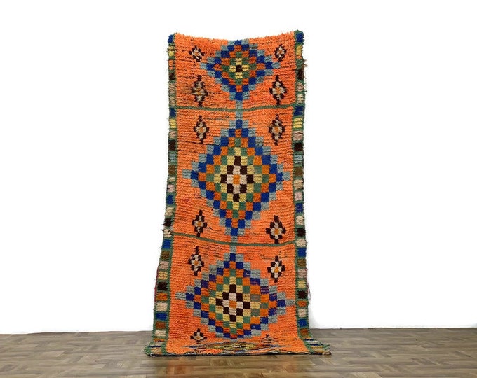 3'x9' ft,Artisan Handwoven Rug ,Boucherouite & Beni Ourain Styles, Decorative Floor Rug,Orange Rug