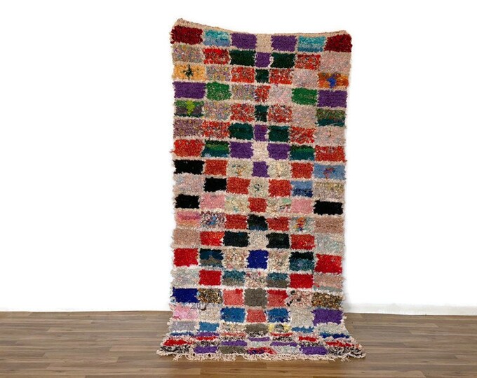 Shaggy Runner Checkered  Rug Teppiche Carpet  6'8'x3'FT HandWoven Checkebord  Boucherouite Colorful