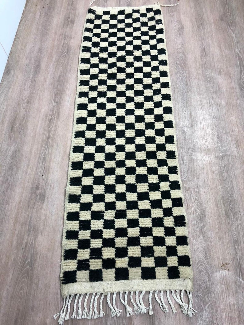 Authentic Checkred Rug Moroccan Hallway Berber Runner Gorgeous Area Wool Stunning Carpet Checkerboard Rug Black And White image 6