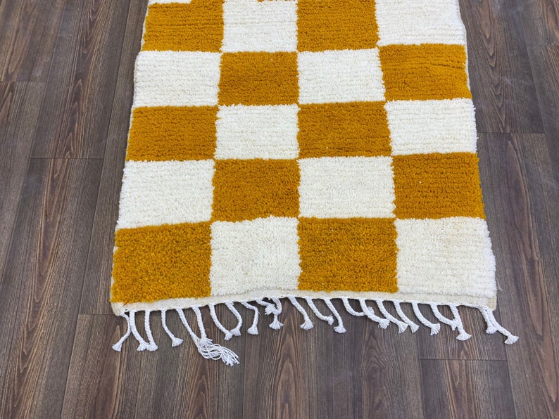 Boho Check Rug Beni Ourain Handwoven Yellow Hallway Teppich Area Wool Shaggy Carpet Checkerboard image 5