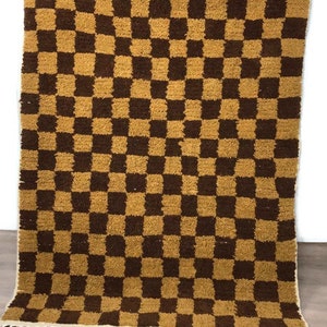 Handmade Moroccan Brown Checkerboard Rug: Wool Cotton Blend, Boho Area Carpet