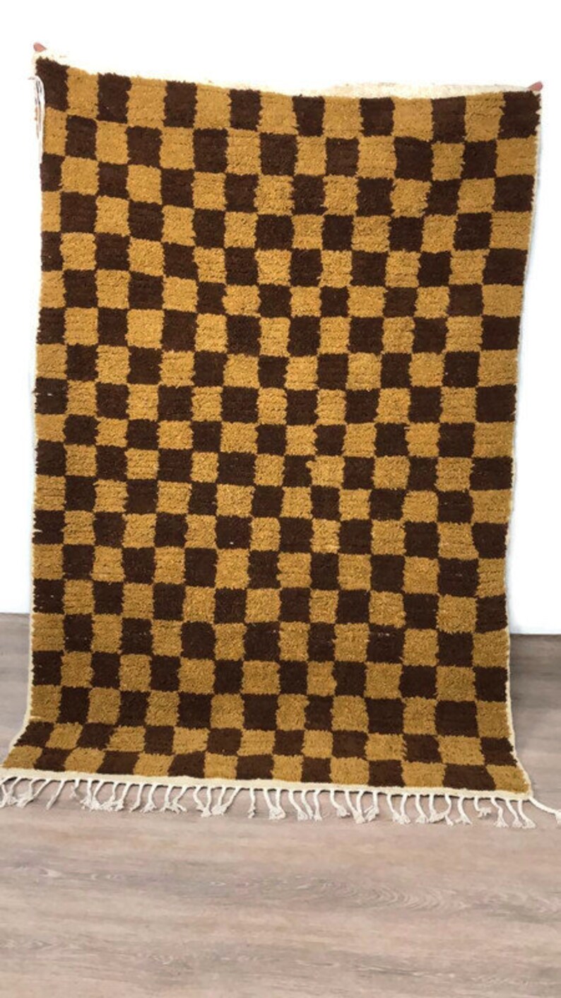 Handmade Moroccan Brown Checkerboard Rug: Wool Cotton Blend, Boho Area Carpet