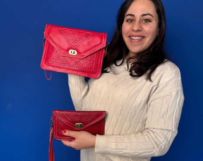 Set Of 2 Bag,Women Moroccan Leather Crossbody Bag with Mini Wristlet Clutch Bag, Red Bag,Studded Genuine Red Leather Purse Women,Red Wallet