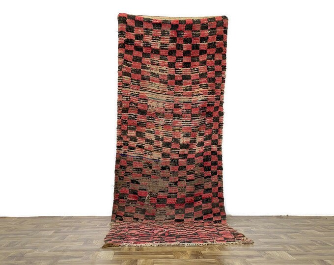 Checkered Rug Handmade Runner  7'8'FTx2'9' FT Checkboard Hallway Berber Carpet  Boucherouite And Wool