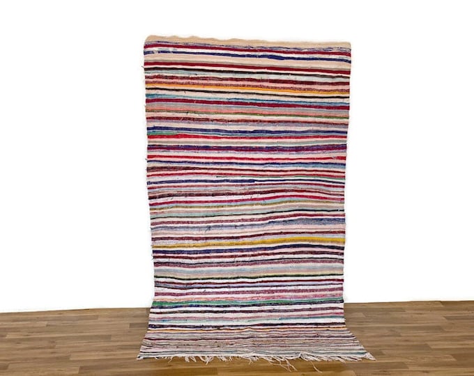 Moroccan Blancket Stripped  Rug Vintage Hallway  7.2''x3.9'FT Wool Colorful