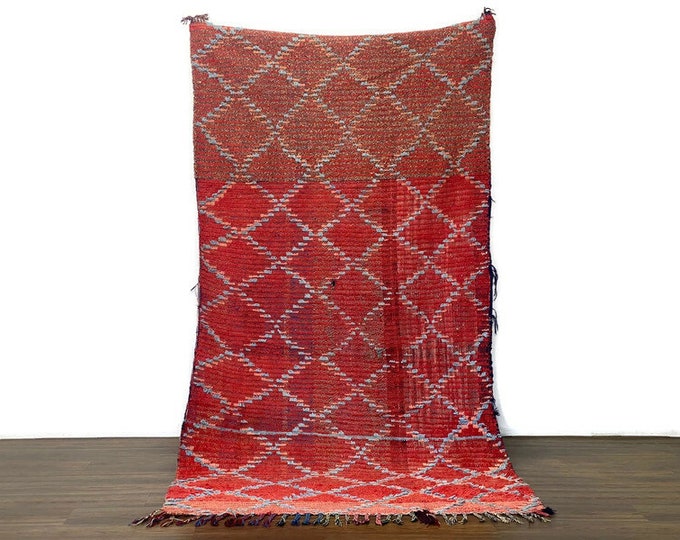 Vintage Moroccan Boujaad Rug 4x8.5 ft – Handmade Wool Runner – Boho Tribal Berber Carpet – Red Colorful Area Rug