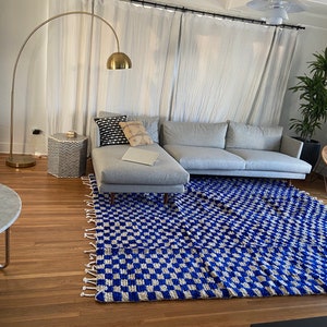 Bohemian Checkered Rug Handmade Carpet Moroccan Hallway Teppich Area Wool Shaggy Carpet Checkerboard Runner Blue & White