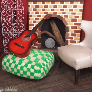 Checkred Moroccan Pouf Ottoman Pouffe Handmade Footstool Coffee Table Beanbag Footstool Pouf Pillow Handmade Green & White image 2