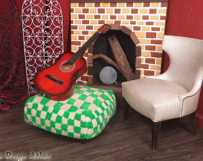 Checkred Moroccan Pouf Ottoman Pouffe Handmade Footstool Coffee Table Beanbag Footstool Pouf Pillow Handmade Green & White