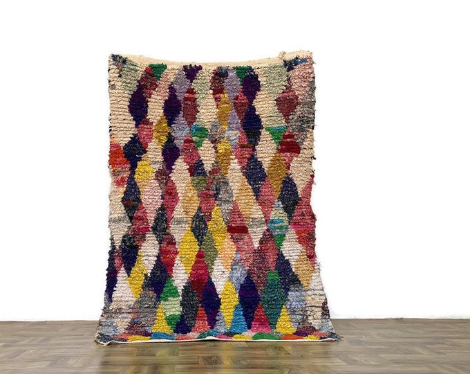 Diamond Pattern Runner Vintage Rug  Handknoted 5.3'FTx3.2'FT Berber Runner Boucherouite