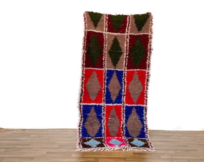 Diamond Geometric Rug "BENI Ourain" Vintage Runner Handmade  Gorgeous Hallway "Yarn " Boucherouite   91x36 inch
