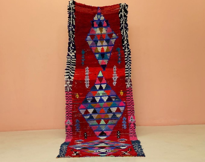 Vintage Moroccan Runner Rug Soft Berber Area  Handmade Washable Machine Rug Shaggy Red Entryway 3'x8.8' ft