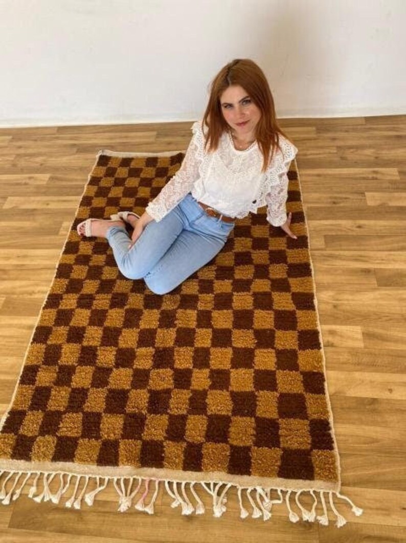 Handmade Moroccan Brown Checkerboard Rug: Wool Cotton Blend, Boho Area Carpet
