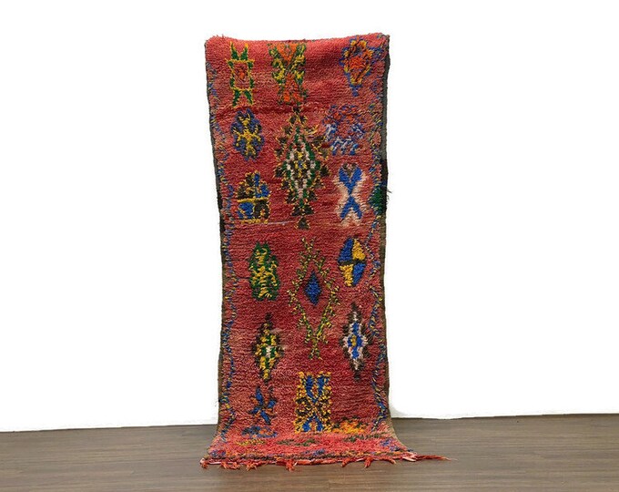 Red Berber Wool Rug,Authentic Tribal Carpet,Beni Ourain Decor, Boho Wool Area Rug,Red Rug,2.7x8.7 ft