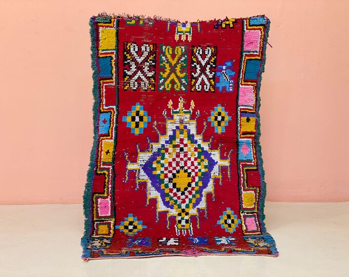 Moroccan Runner Rug Vintage Farhouse Runner,Red Shaggy Area Rug Handmade Fourniture Boujaad Rug 3x6.4 ft