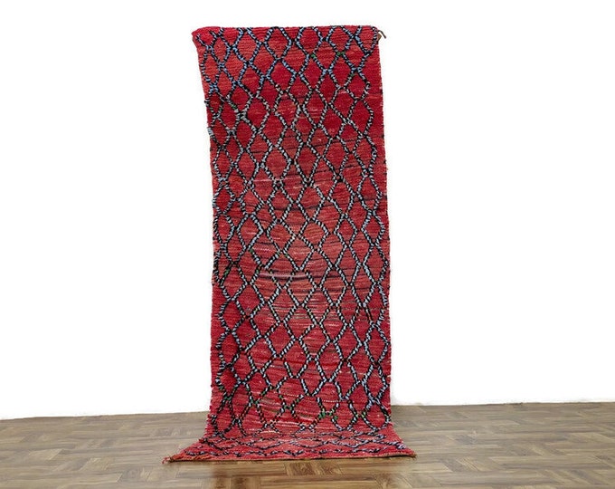 Moroccan runner Red carpet Diamond Pattern Shaggy Hallway Handknoted 7'9'FTx2'5' FT Wool