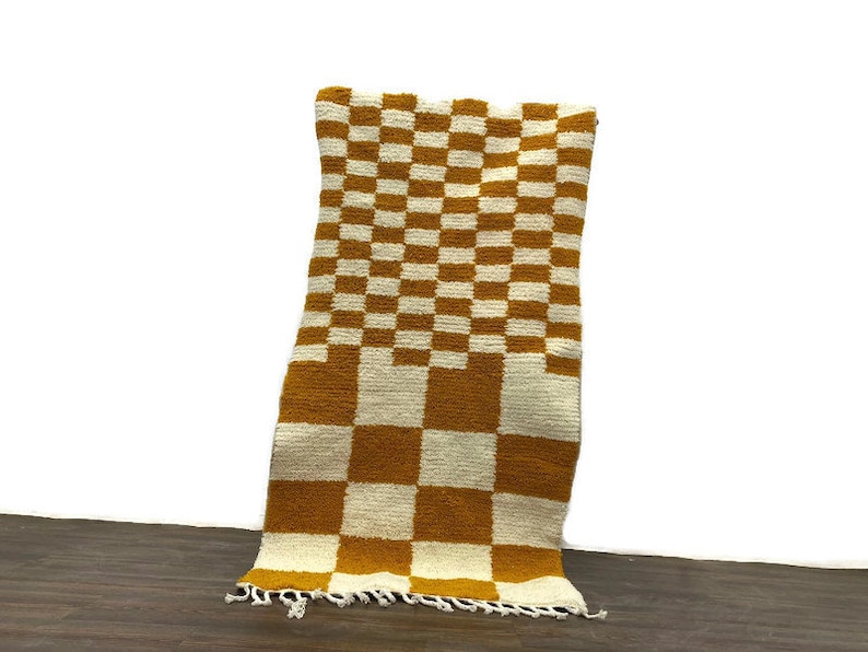 Boho Check Rug Beni Ourain Handwoven Yellow Hallway Teppich Area Wool Shaggy Carpet Checkerboard image 2