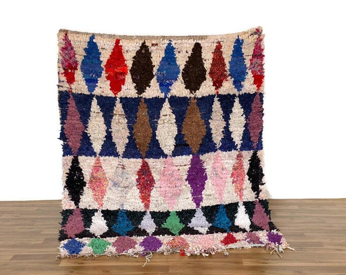 Diamond Pattern Moroccan Handmade Shaggy 5.7x4.4 FT Runner Vintage Rug Boucherouite Multicolor
