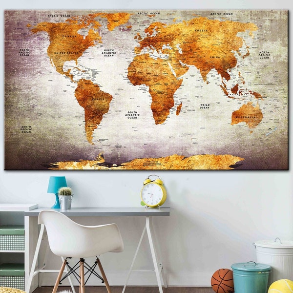 Vintage World Map Canvas Wall Art Antique Travel Map Modern Art Orange World Map Multi Panel Print Map Of The World for Living Room Decor