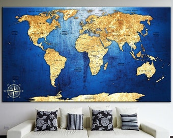 Gold World Map Print on Canvas Blue Background Wall Art Wanderlust Map of the World Poster Multi Panel Wall Art Gift for Travelers