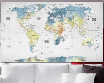 Canvas Push Pin World Map  Original Decor World Map Print Push Pin Map Poster Canvas Print Light Blue Map Canvas White Background Map Print